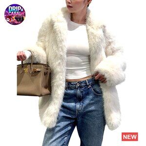 Long Faux Fur Coat Lapel Shaggy Winter Jacket Luxury Warm Furry Outerwear